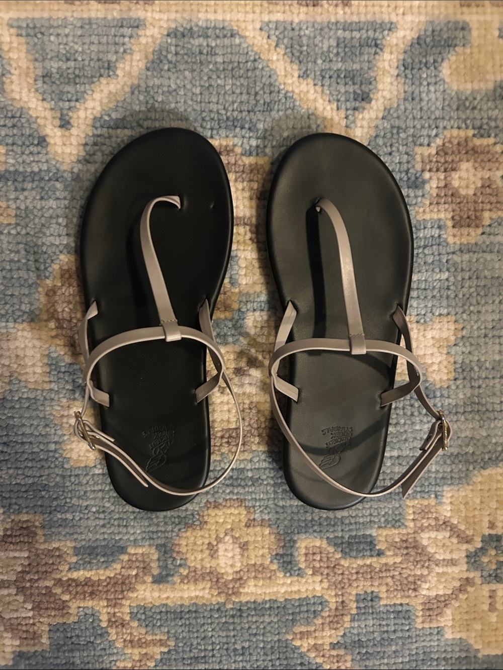 Ancient Greek Sandals Black Footbed with Gray Straps